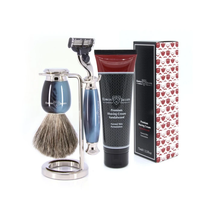 Edwin Jagger 58 Series 3pc Imitation Blue Horn & Nickel Mach3 Set (Sandalwood) 2 Edwin Jagger 58 Series 3pc Imitation Blue Horn & Nickel Mach3 Set (Sandalwood) - Image 2