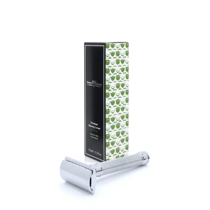 Edwin Jagger Chrome Knurled DE89KN Safety Razor With Aloe Vera Shaving Cream Tube 1 Edwin Jagger Chrome Knurled DE89KN Safety Razor With Aloe Vera Shaving Cream Tube