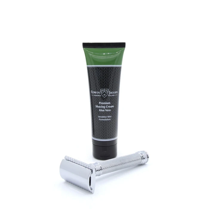 Edwin Jagger Chrome Knurled DE89KN Safety Razor With Aloe Vera Shaving Cream Tube 3 Edwin Jagger Chrome Knurled DE89KN Safety Razor With Aloe Vera Shaving Cream Tube - Image 3