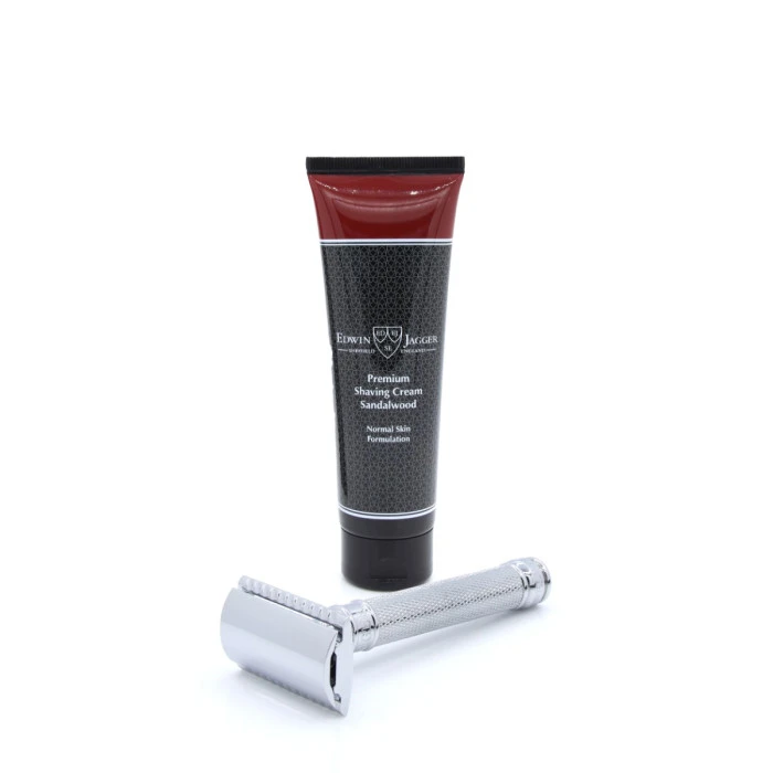 Edwin Jagger Chrome Knurled DE89KN Safety Razor With Sandalwood Shaving Cream Tube 2 Edwin Jagger Chrome Knurled DE89KN Safety Razor With Sandalwood Shaving Cream Tube - Image 2