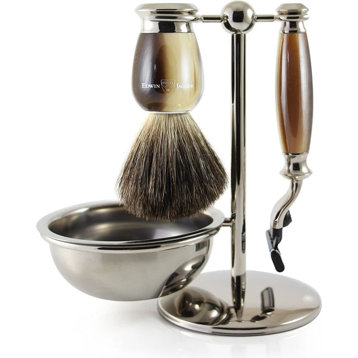 Edwin Jagger 58 Series 4pc Imitation Horn & Nickel Shaving Set For Mach3 (Pure Badger) 1 Edwin Jagger 58 Series 4pc Imitation Horn & Nickel Shaving Set For Mach3 (Pure Badger)
